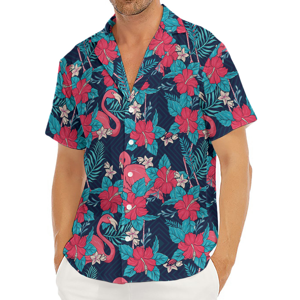 Flamingo And Hawaiian Floral Print Men's Deep V-Neck Shirt