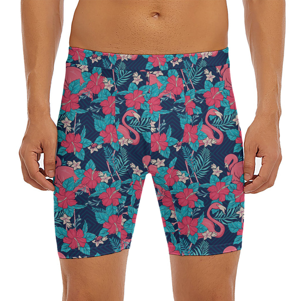 Flamingo And Hawaiian Floral Print Men's Long Boxer Briefs