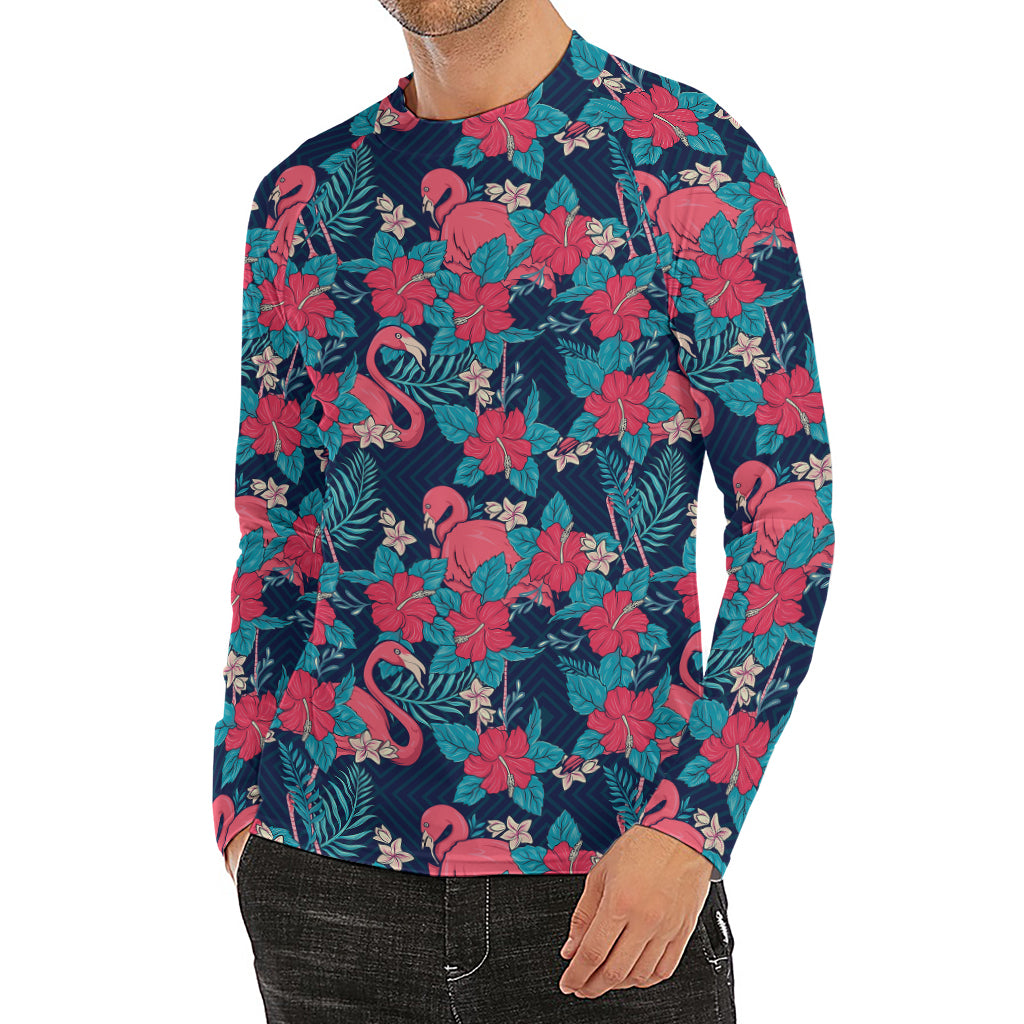 Flamingo And Hawaiian Floral Print Men's Long Sleeve Rash Guard