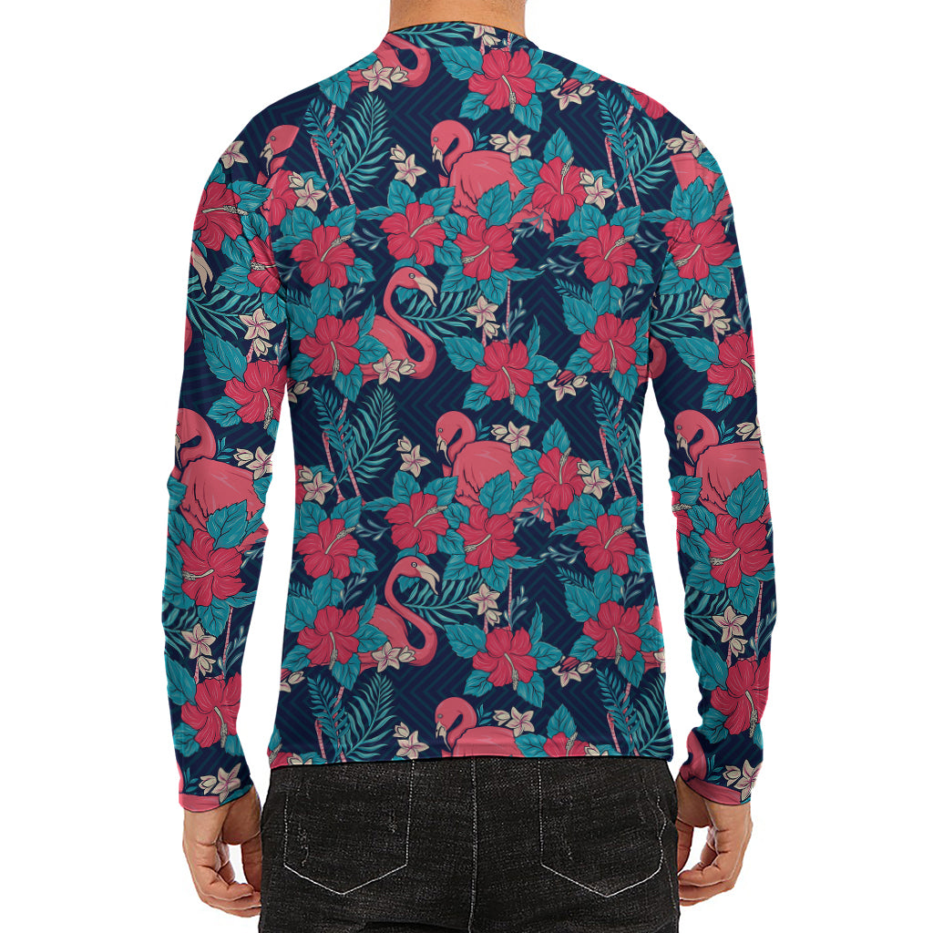 Flamingo And Hawaiian Floral Print Men's Long Sleeve Rash Guard