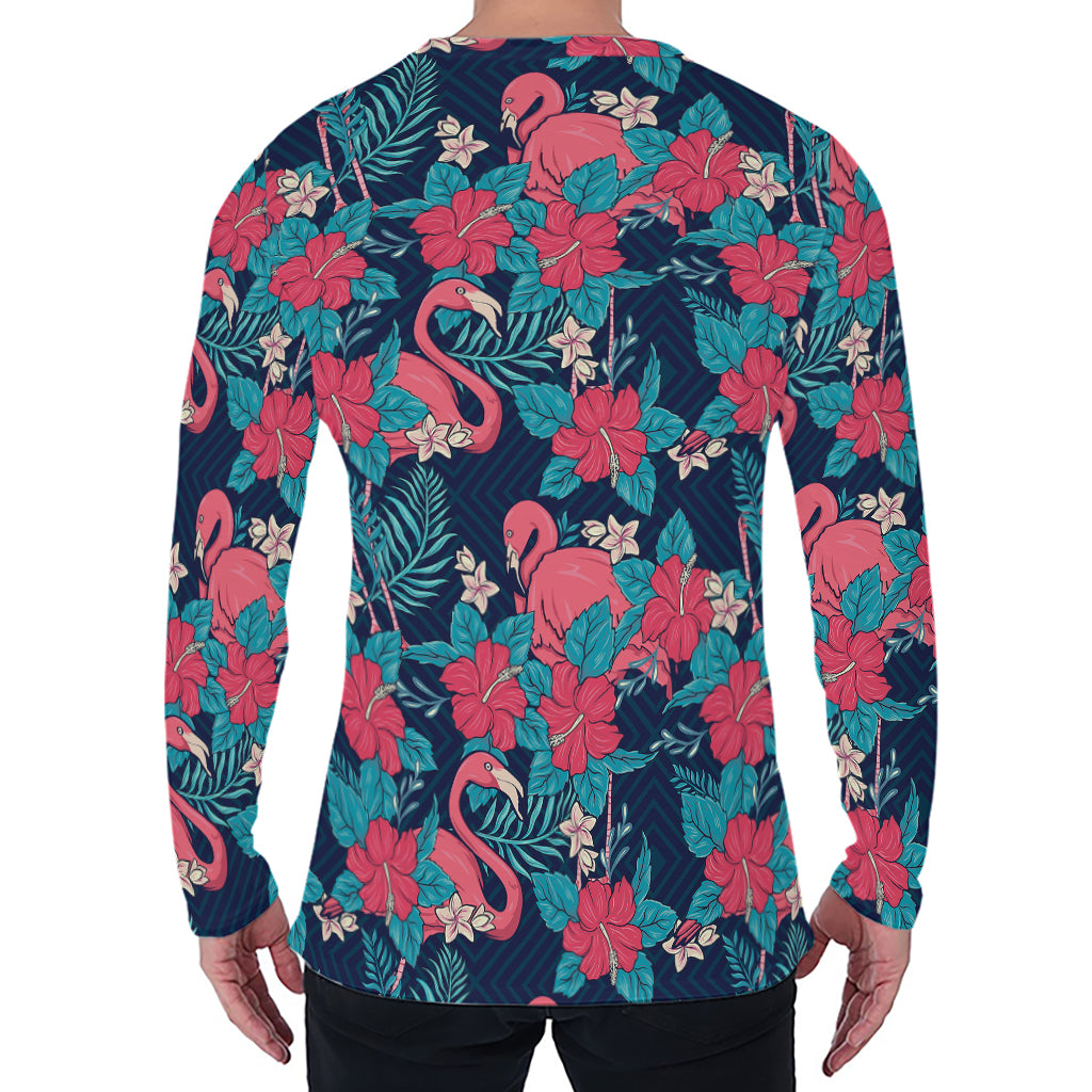Flamingo And Hawaiian Floral Print Men's Long Sleeve T-Shirt