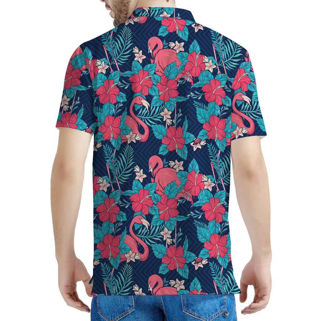 Flamingo And Hawaiian Floral Print Men's Polo Shirt