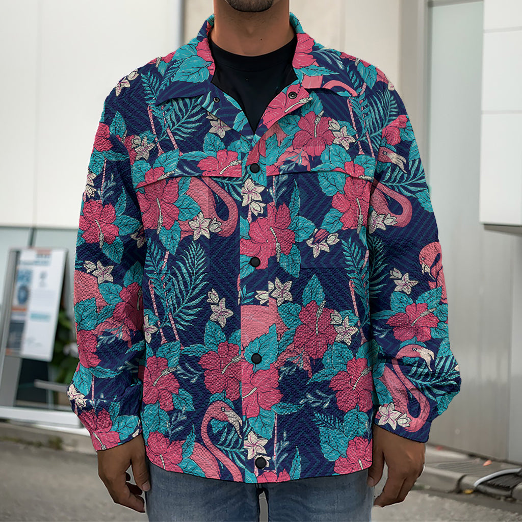 Flamingo And Hawaiian Floral Print Men's Shirt Jacket