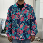 Flamingo And Hawaiian Floral Print Men's Shirt Jacket