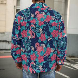 Flamingo And Hawaiian Floral Print Men's Shirt Jacket