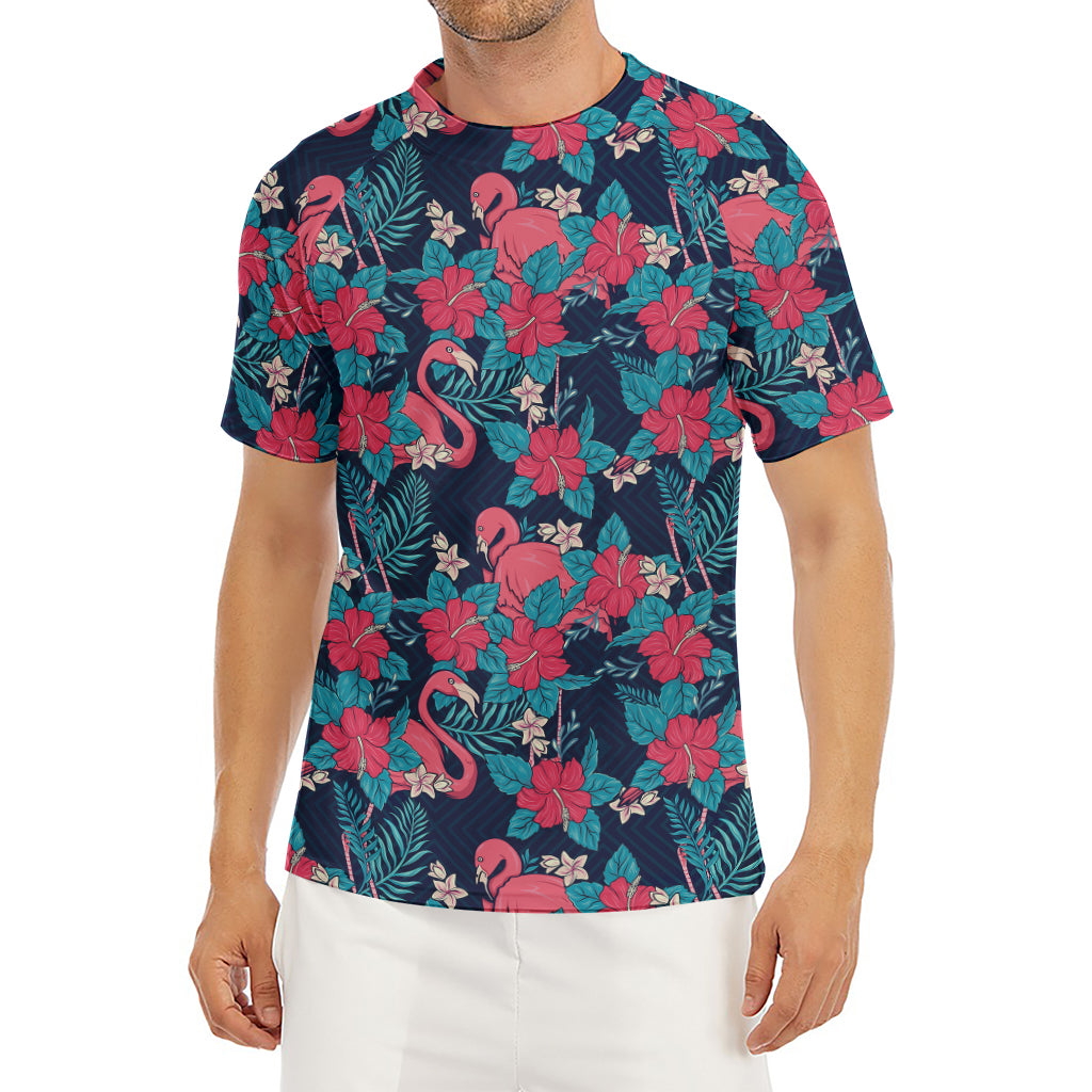 Flamingo And Hawaiian Floral Print Men's Short Sleeve Rash Guard