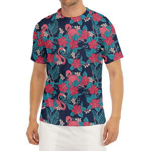 Flamingo And Hawaiian Floral Print Men's Short Sleeve Rash Guard