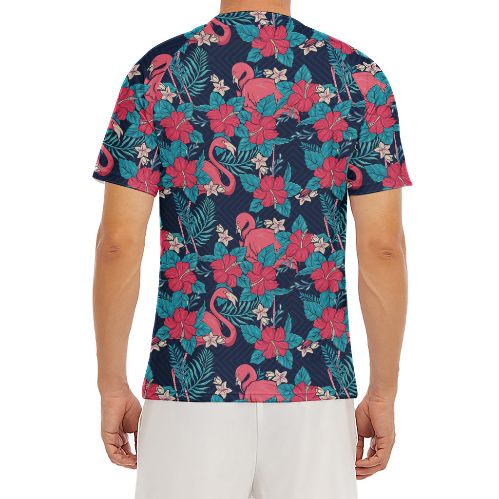 Flamingo And Hawaiian Floral Print Men's Short Sleeve Rash Guard