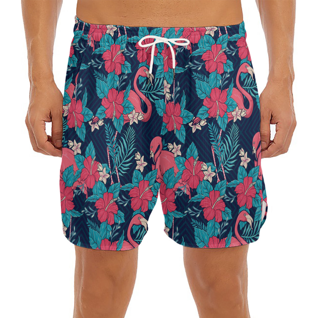 Flamingo And Hawaiian Floral Print Men's Split Running Shorts