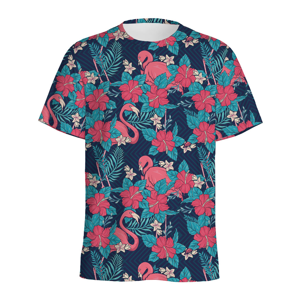 Flamingo And Hawaiian Floral Print Men's Sports T-Shirt