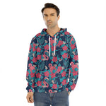 Flamingo And Hawaiian Floral Print Men's Velvet Pullover Hoodie