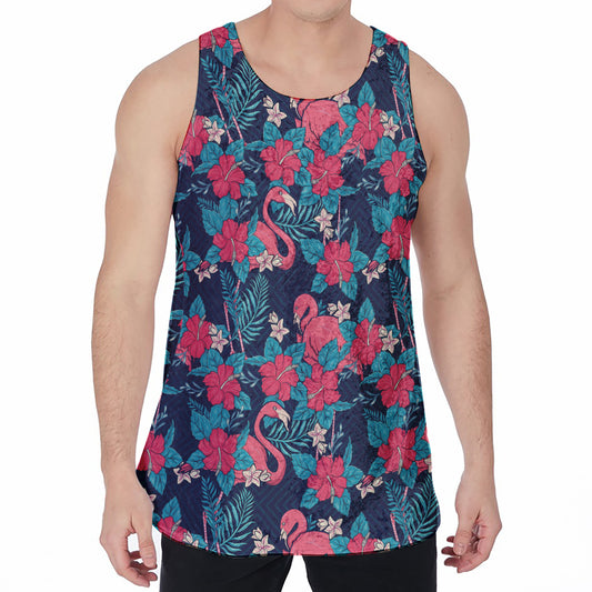 Flamingo And Hawaiian Floral Print Men's Velvet Tank Top