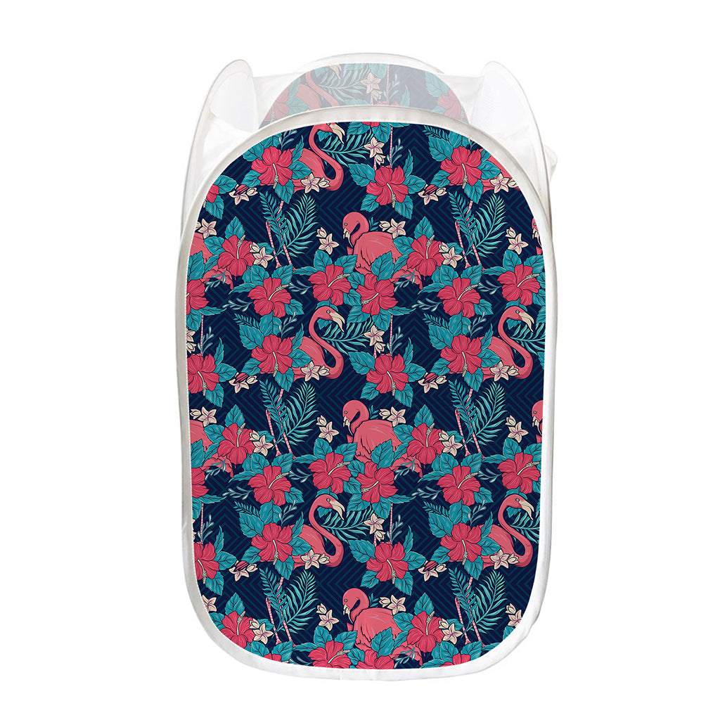 Flamingo And Hawaiian Floral Print Mesh Laundry Hamper
