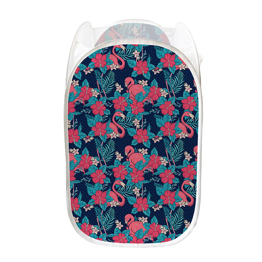 Flamingo And Hawaiian Floral Print Mesh Laundry Hamper