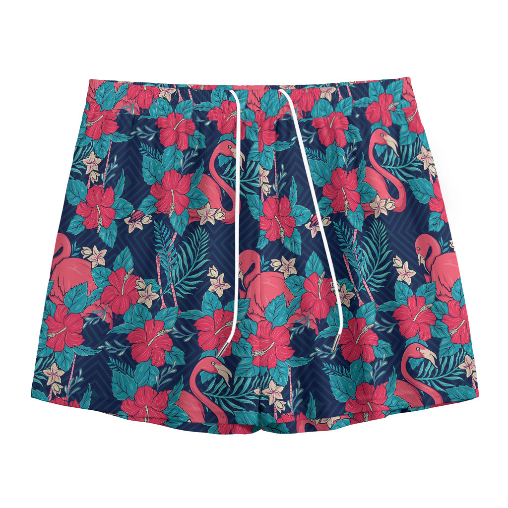 Flamingo And Hawaiian Floral Print Mesh Shorts