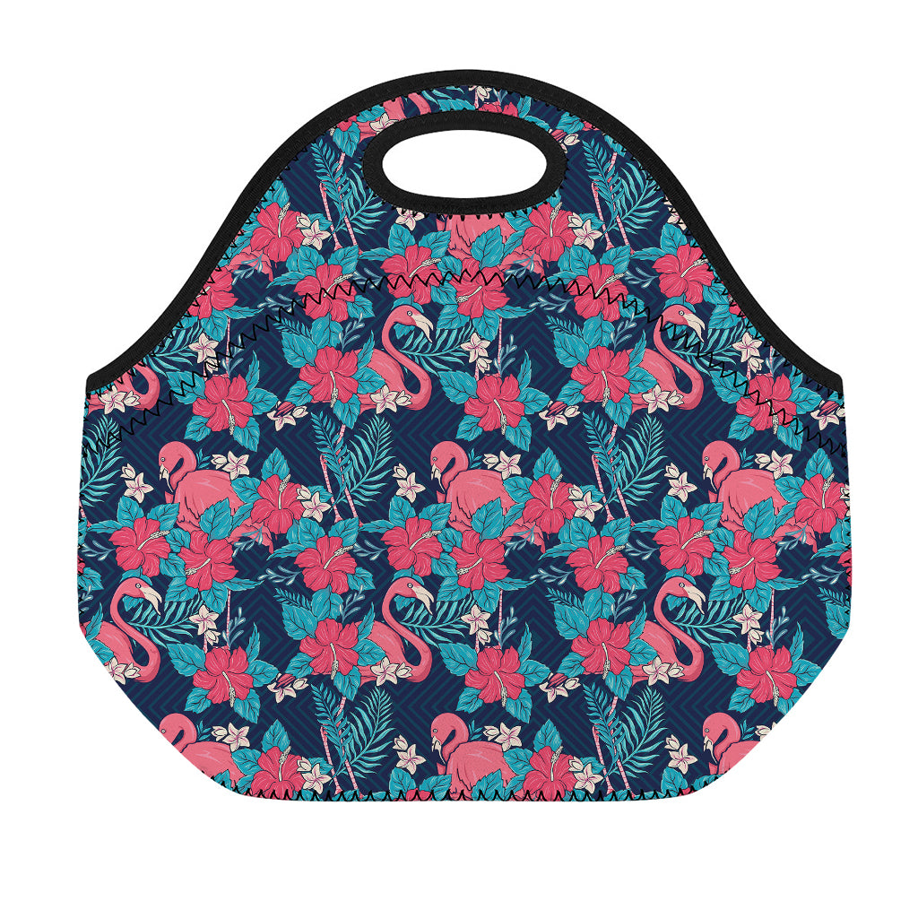 Flamingo And Hawaiian Floral Print Neoprene Lunch Bag