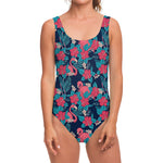 Flamingo And Hawaiian Floral Print One Piece Swimsuit