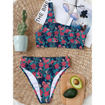 Flamingo And Hawaiian Floral Print One Shoulder Bikini Top