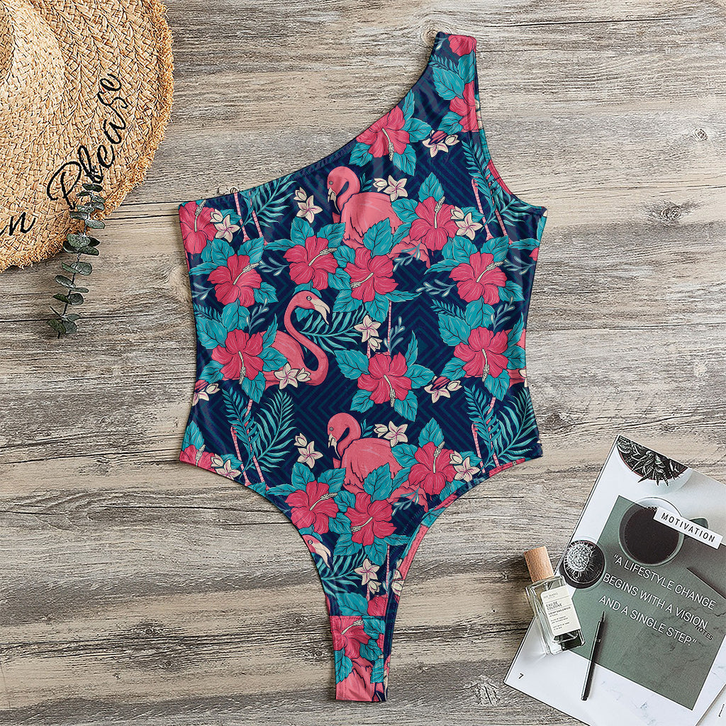 Flamingo And Hawaiian Floral Print One Shoulder Bodysuit