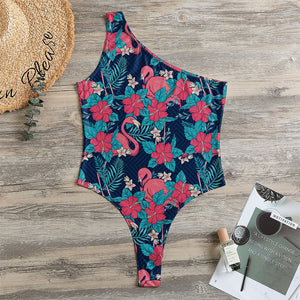 Flamingo And Hawaiian Floral Print One Shoulder Bodysuit