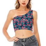 Flamingo And Hawaiian Floral Print One Shoulder Crop Top