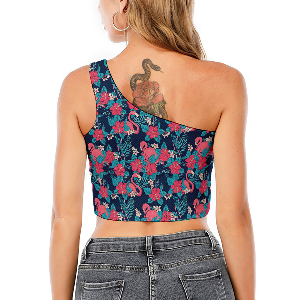 Flamingo And Hawaiian Floral Print One Shoulder Crop Top