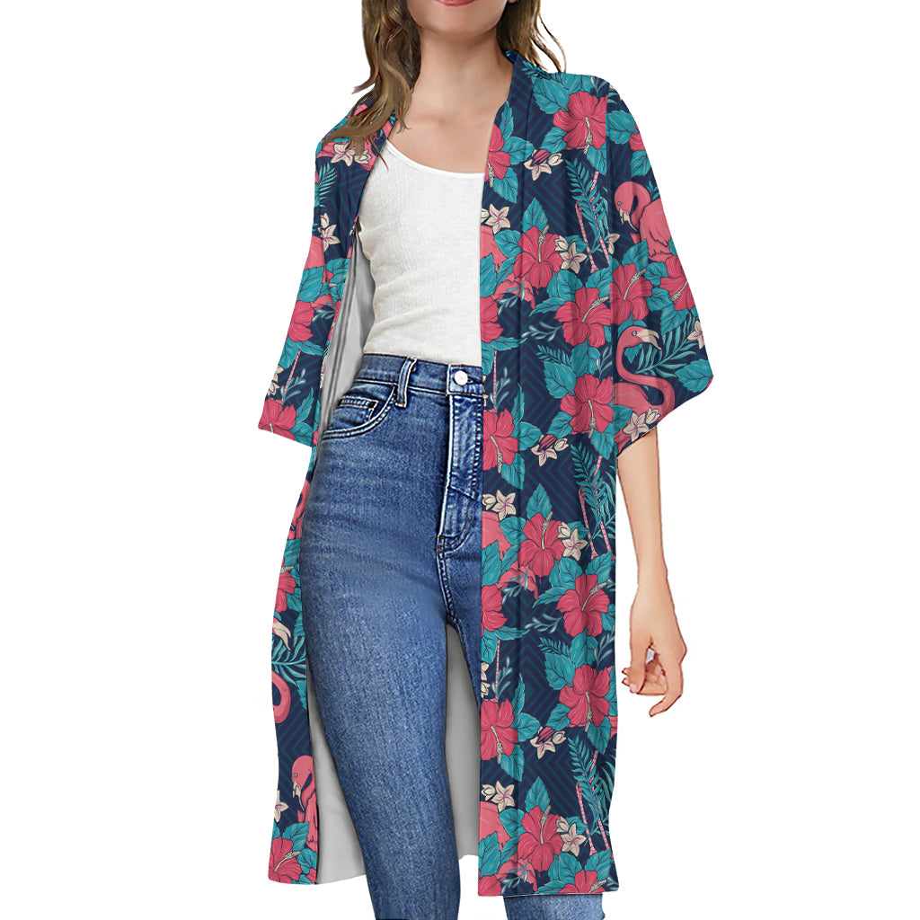 Flamingo And Hawaiian Floral Print Open Front Beach Cover Up