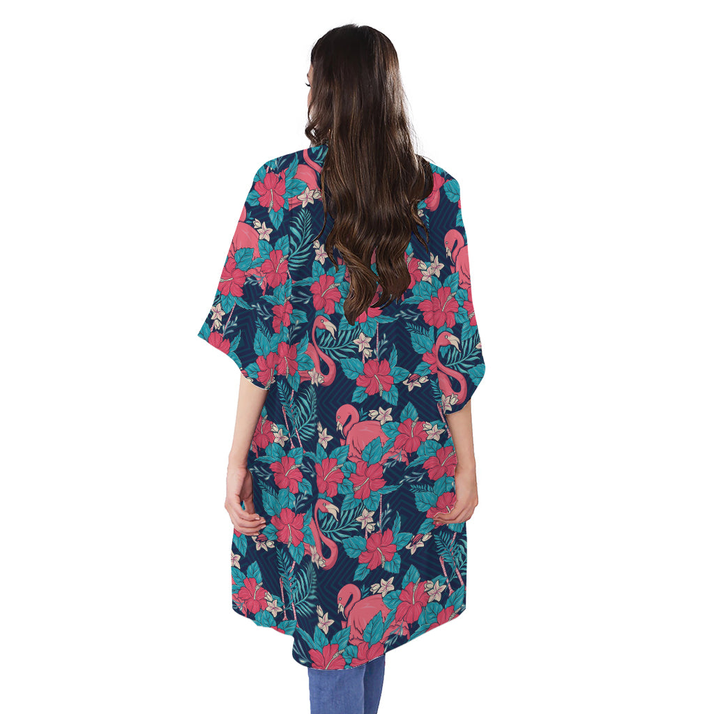 Flamingo And Hawaiian Floral Print Open Front Beach Cover Up