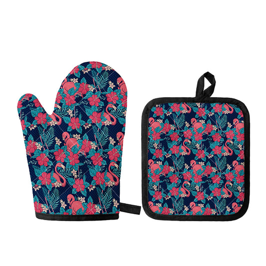 Flamingo And Hawaiian Floral Print Oven Mitt And Pot Holder Set