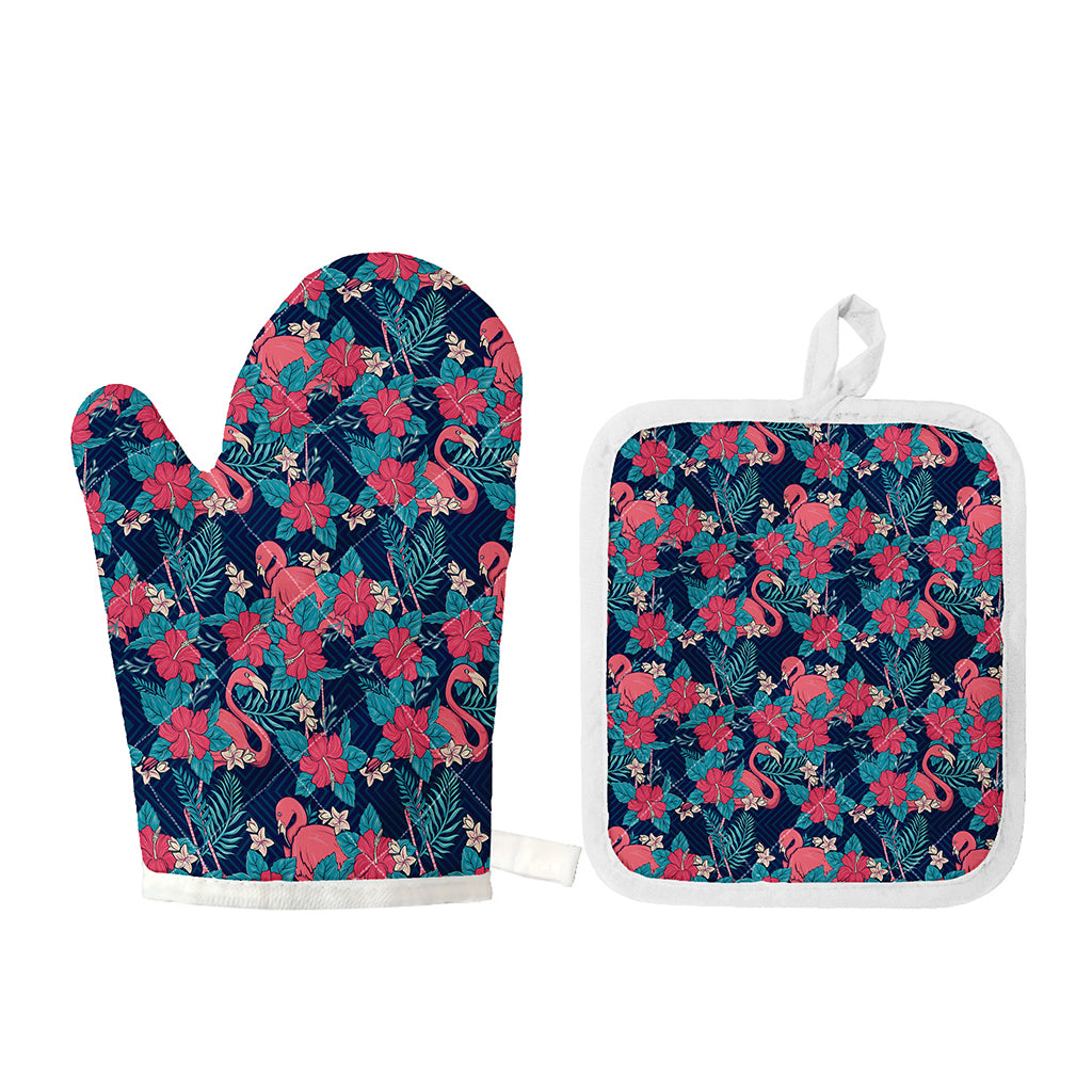 Flamingo And Hawaiian Floral Print Oven Mitt And Pot Holder Set