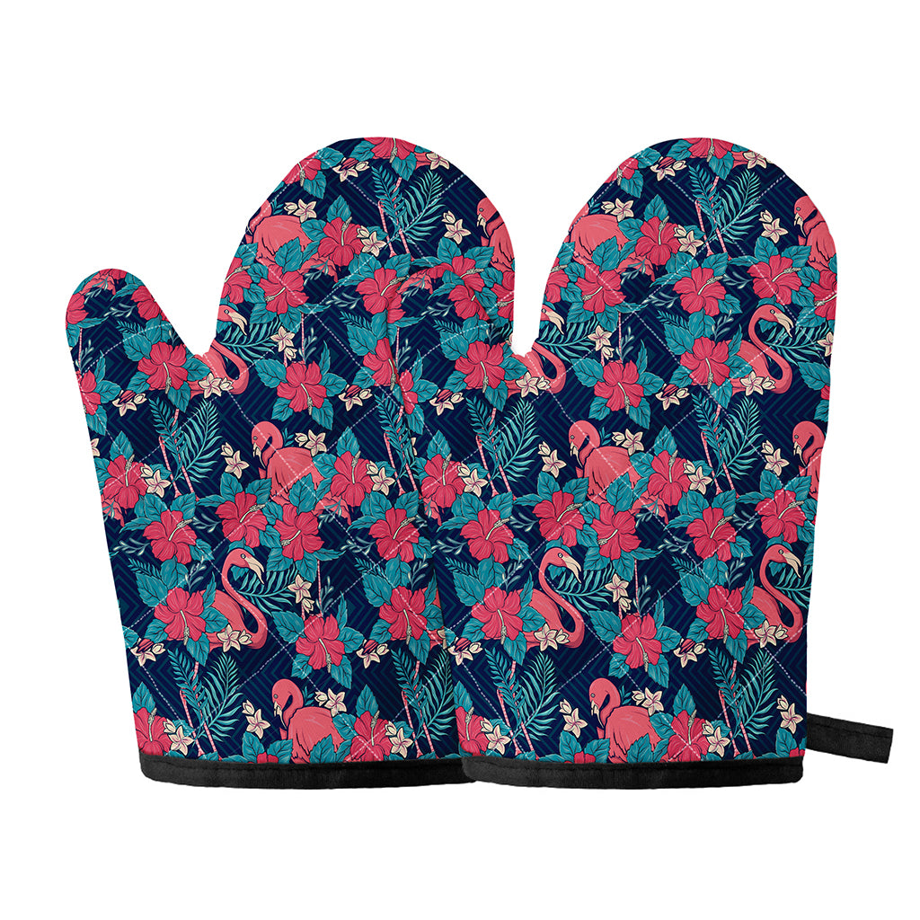 Flamingo And Hawaiian Floral Print Oven Mitts