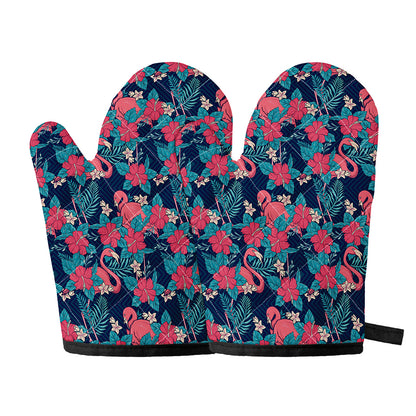 Flamingo And Hawaiian Floral Print Oven Mitts