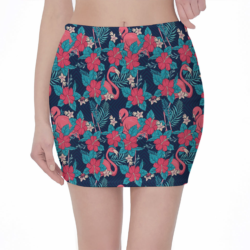 Flamingo And Hawaiian Floral Print Pencil Mini Skirt