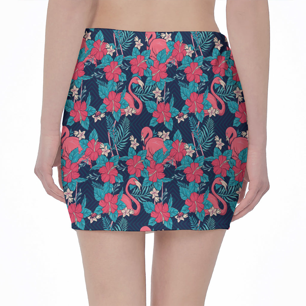 Flamingo And Hawaiian Floral Print Pencil Mini Skirt