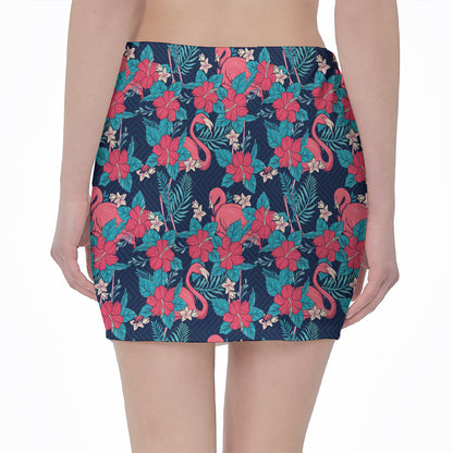Flamingo And Hawaiian Floral Print Pencil Mini Skirt