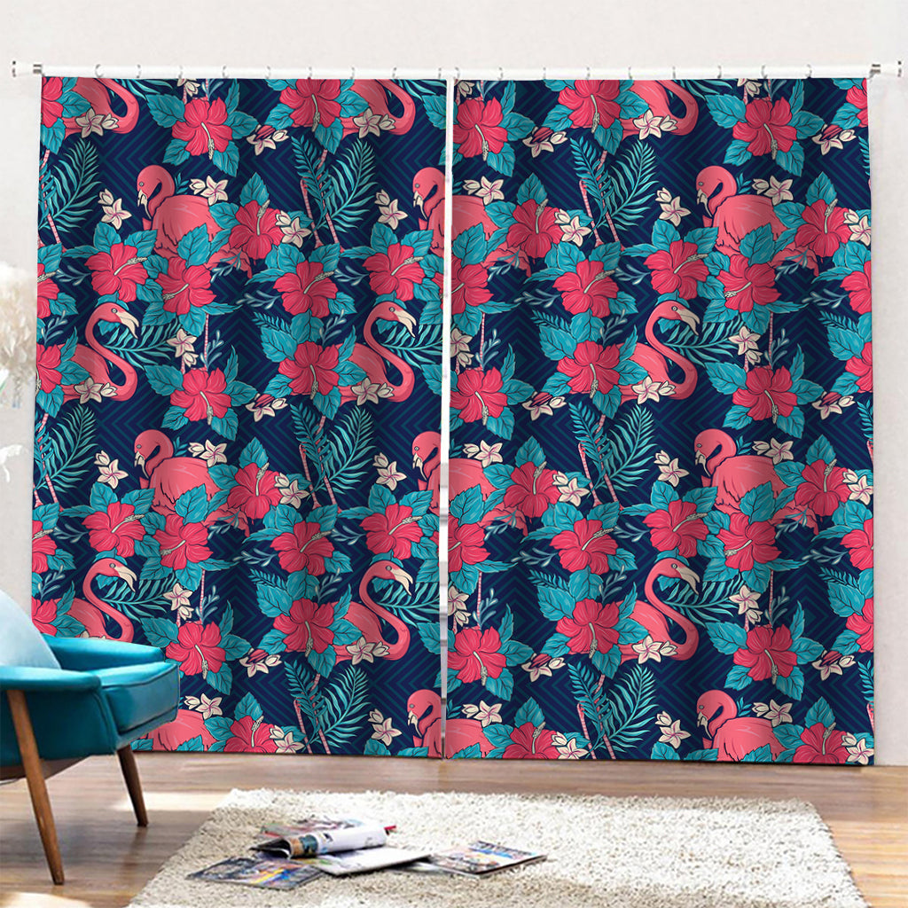 Flamingo And Hawaiian Floral Print Pencil Pleat Curtains