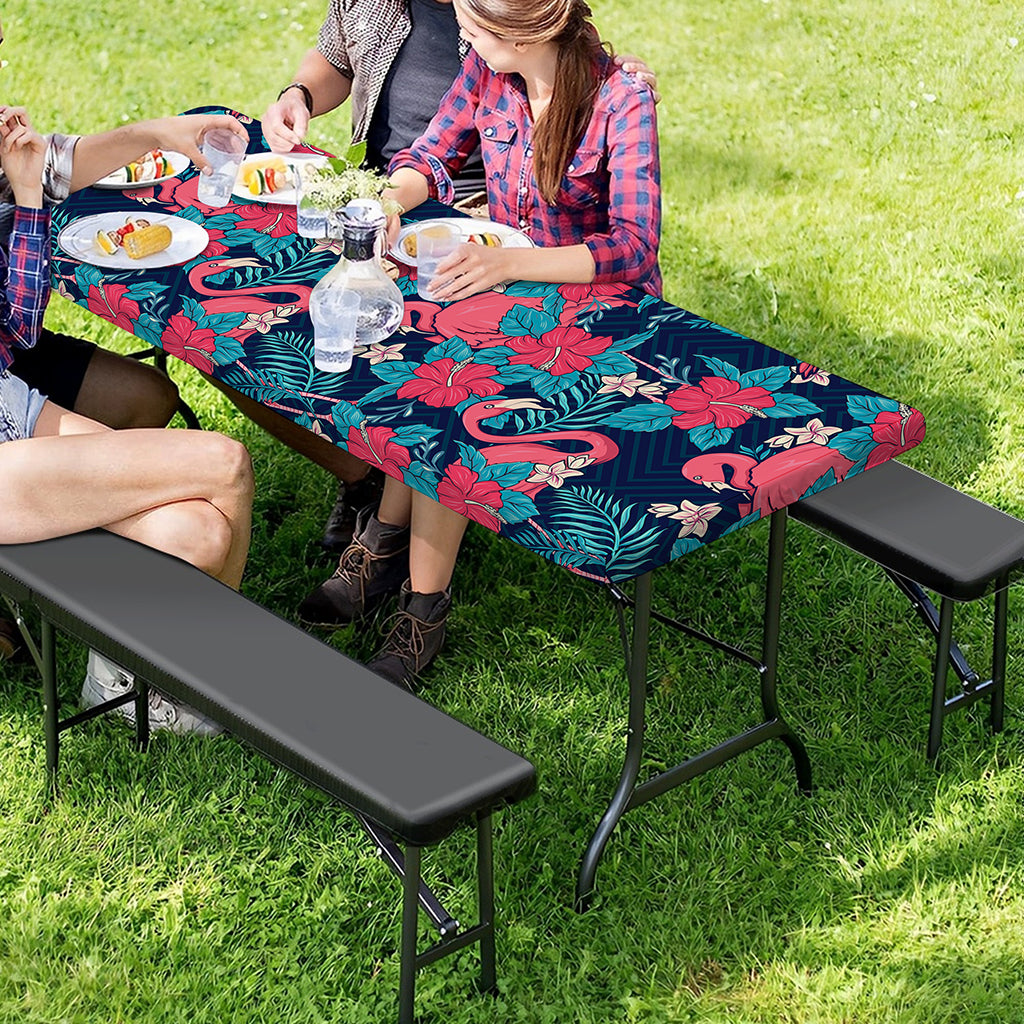 Flamingo And Hawaiian Floral Print Picnic Table Cover