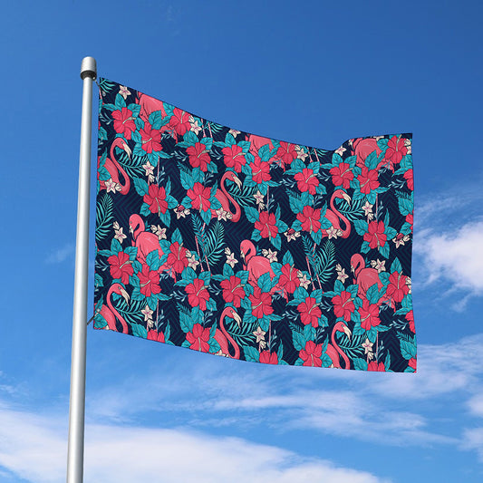 Flamingo And Hawaiian Floral Print Polyester Flag