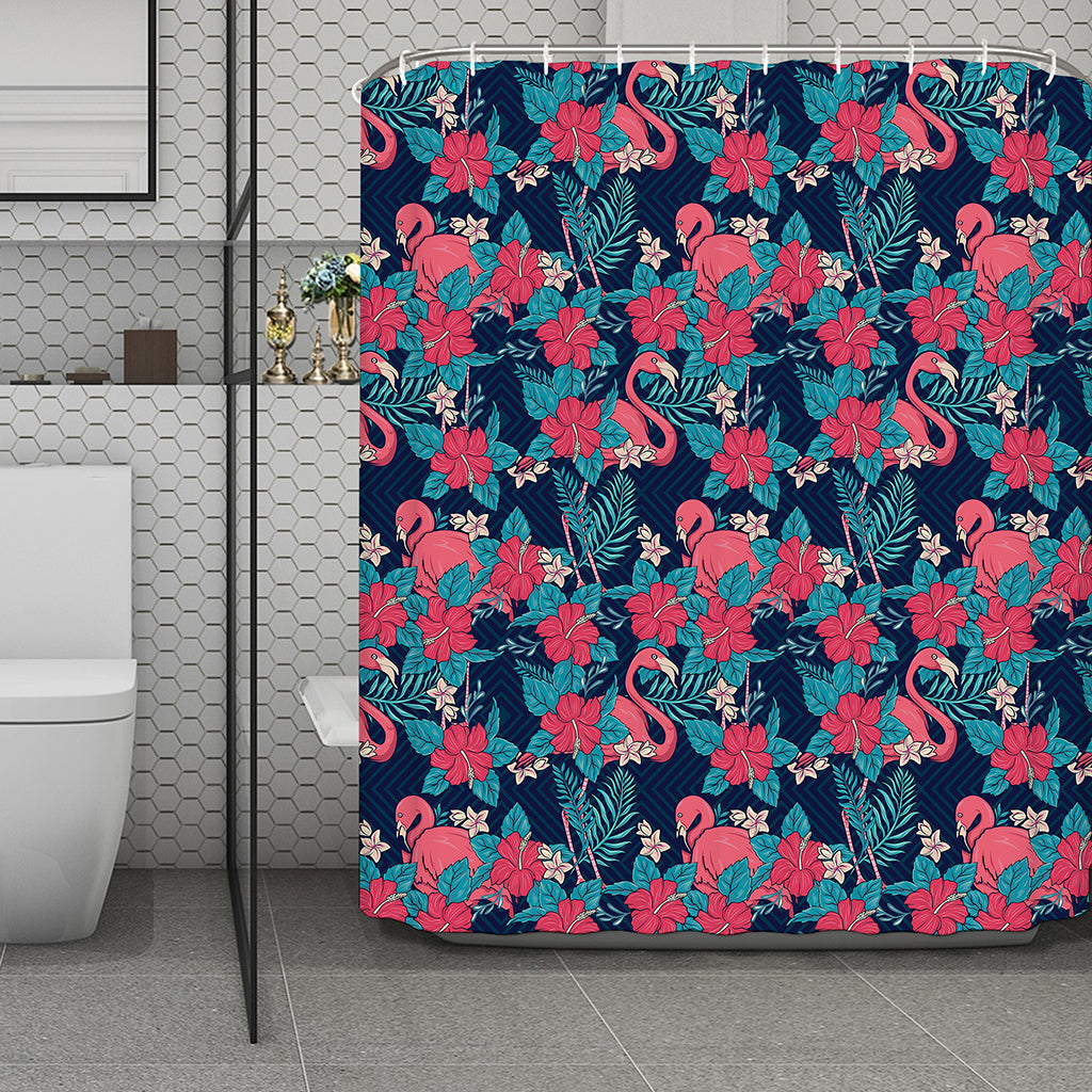 Flamingo And Hawaiian Floral Print Polyester Shower Curtain