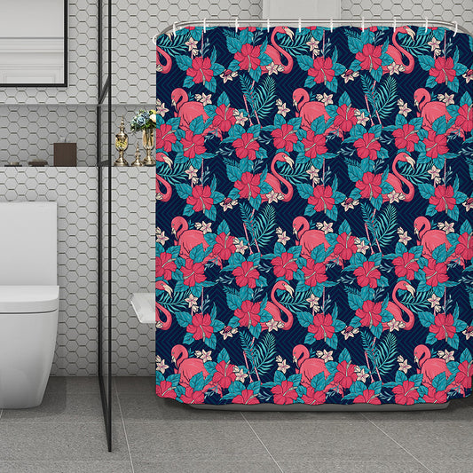 Flamingo And Hawaiian Floral Print Polyester Shower Curtain