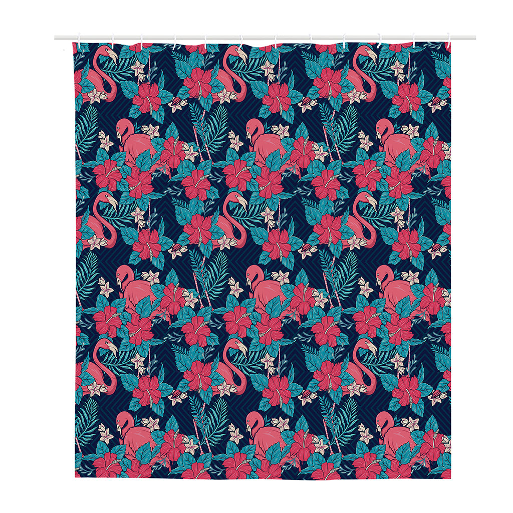 Flamingo And Hawaiian Floral Print Polyester Shower Curtain