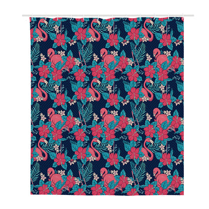Flamingo And Hawaiian Floral Print Polyester Shower Curtain