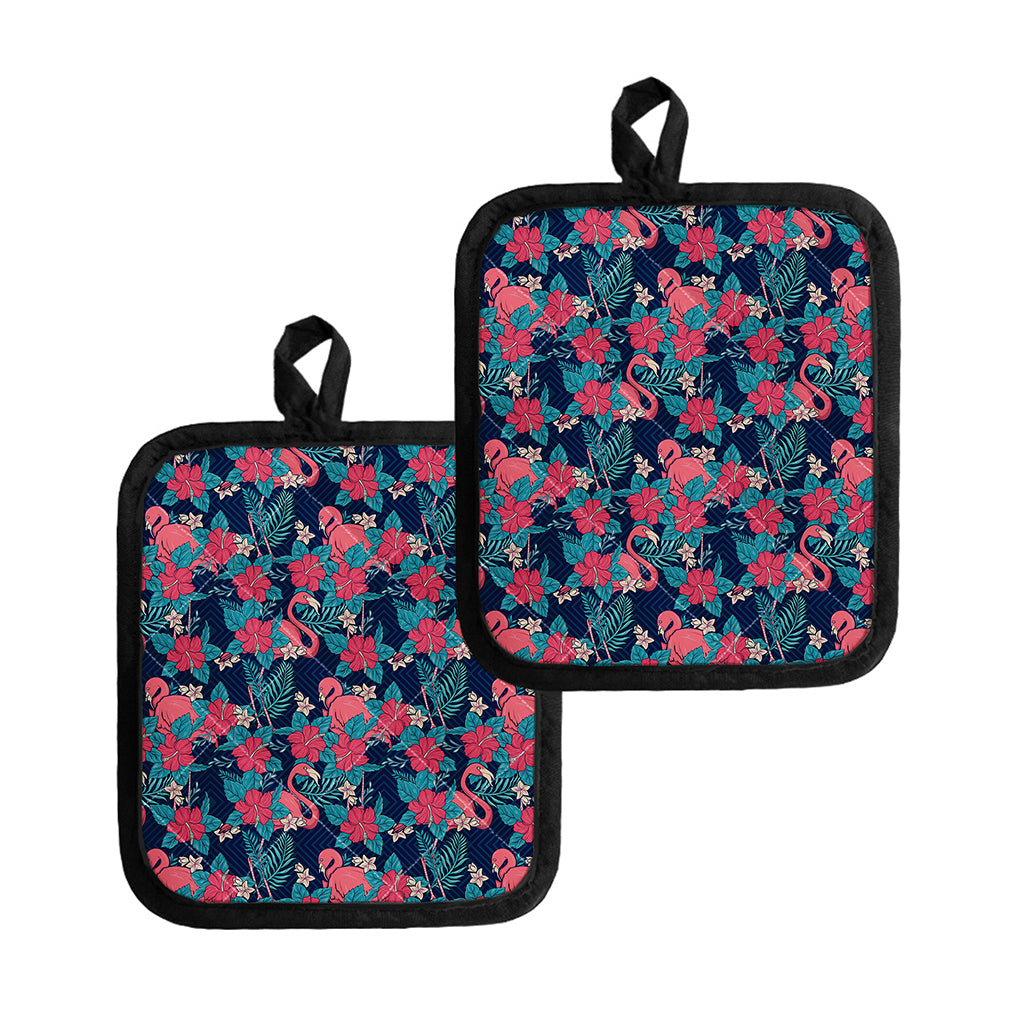 Flamingo And Hawaiian Floral Print Pot Holders