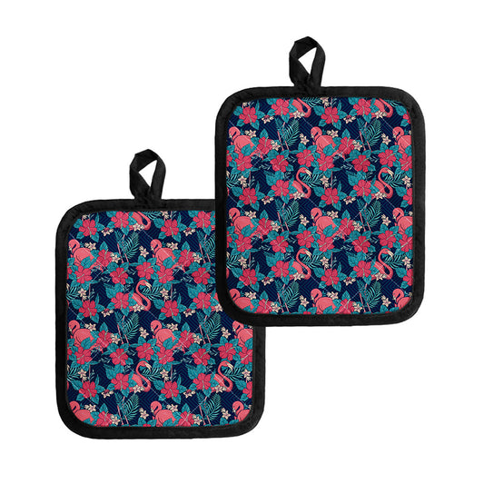 Flamingo And Hawaiian Floral Print Pot Holders
