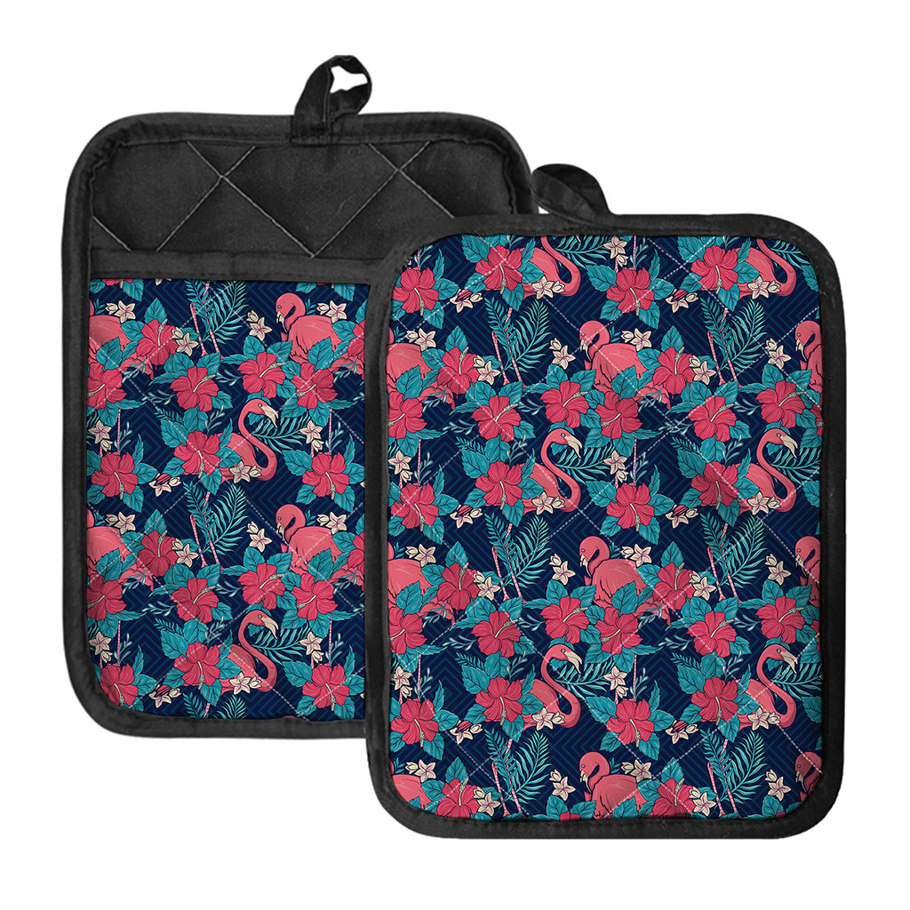 Flamingo And Hawaiian Floral Print Pot Holders With Pocket