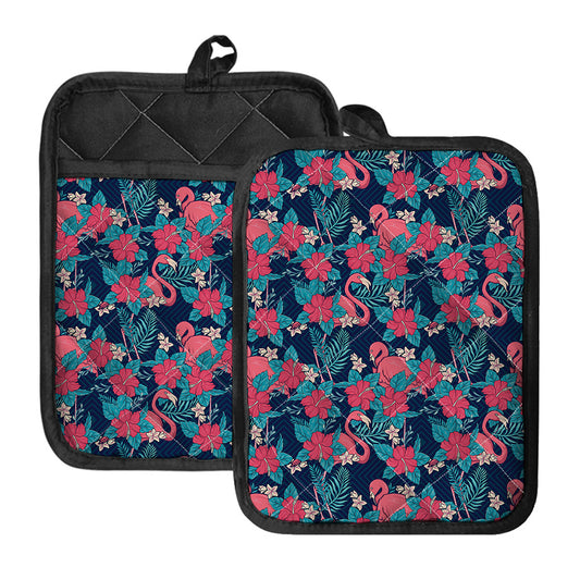 Flamingo And Hawaiian Floral Print Pot Holders With Pocket