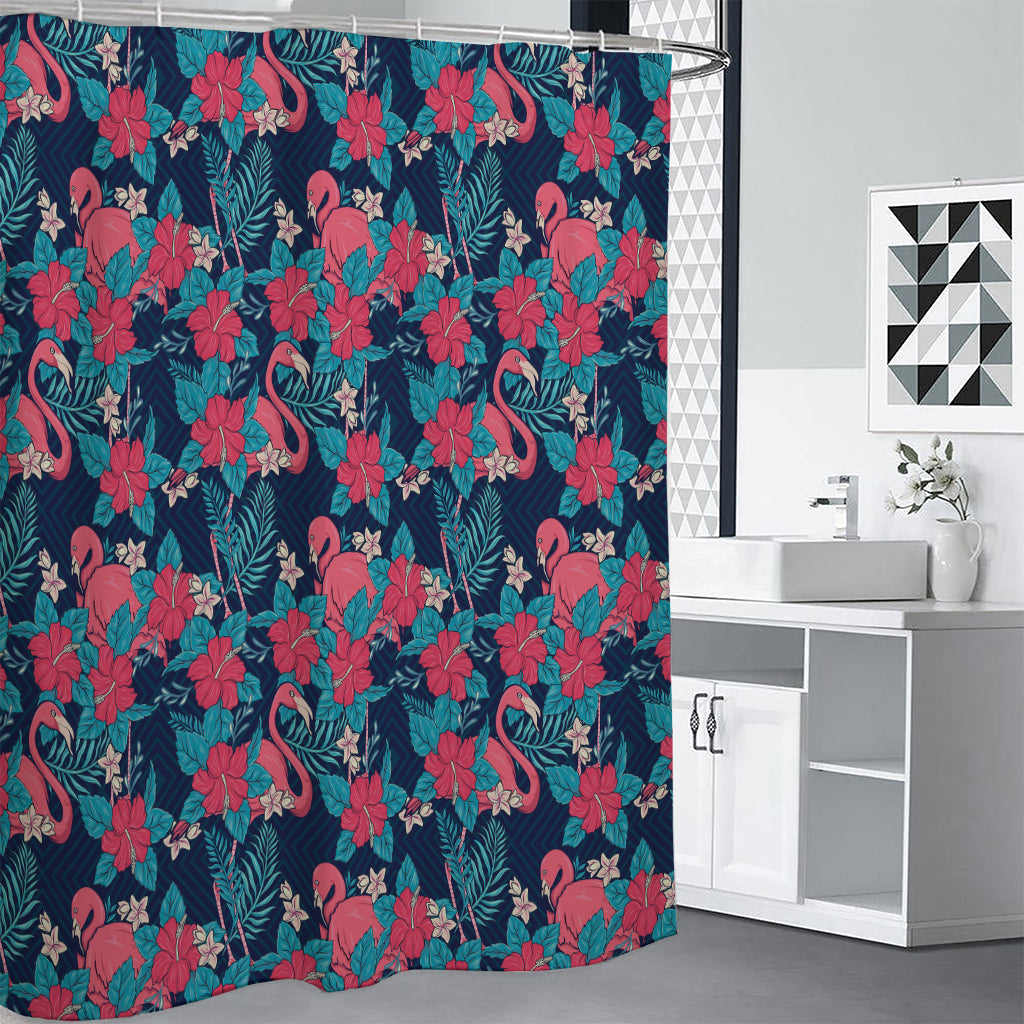 Flamingo And Hawaiian Floral Print Premium Shower Curtain