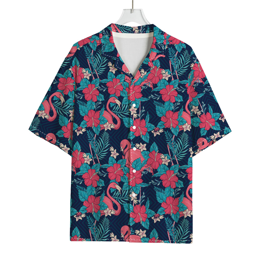 Flamingo And Hawaiian Floral Print Rayon Hawaiian Shirt