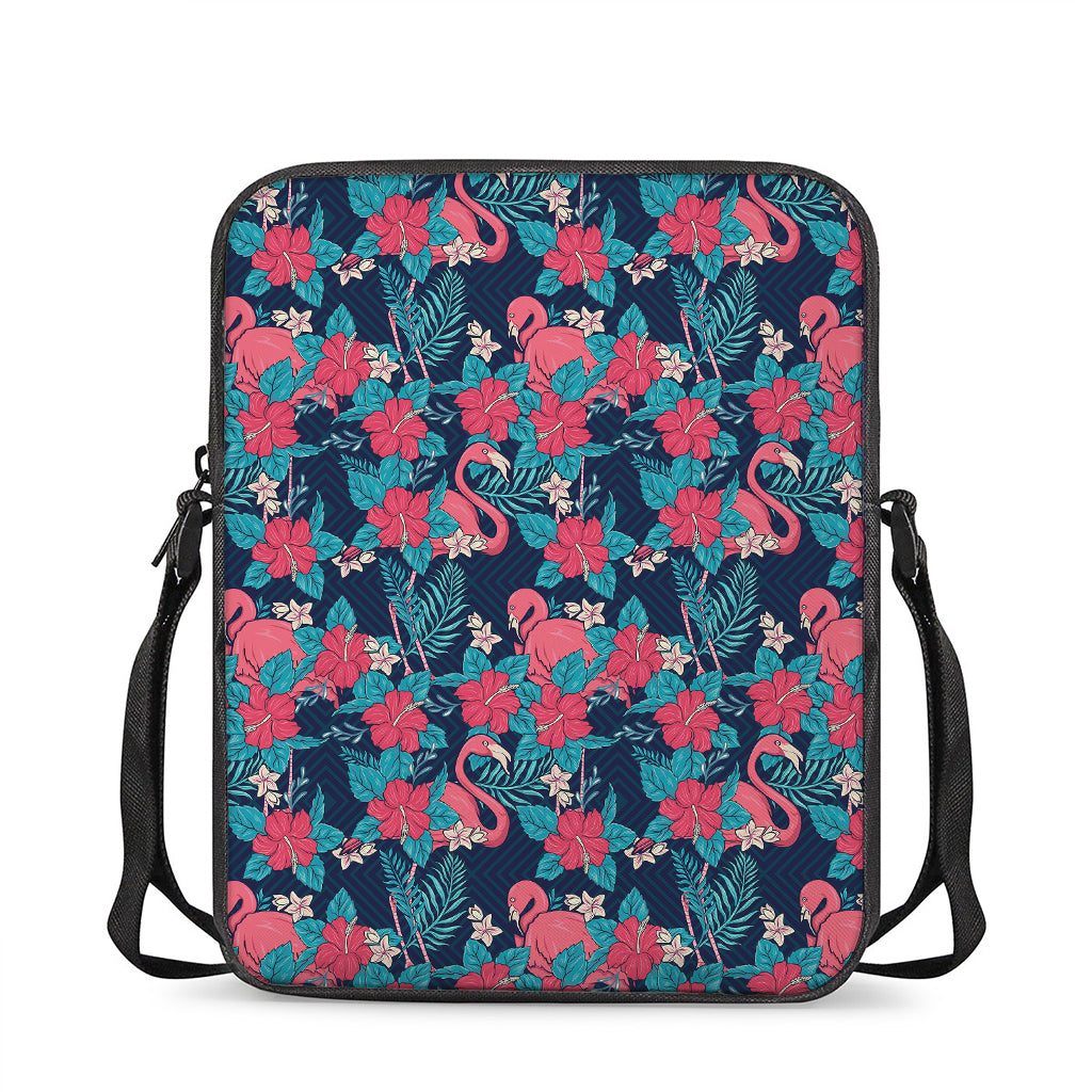 Flamingo And Hawaiian Floral Print Rectangular Crossbody Bag