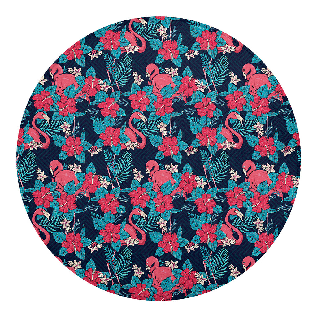 Flamingo And Hawaiian Floral Print Round Blanket